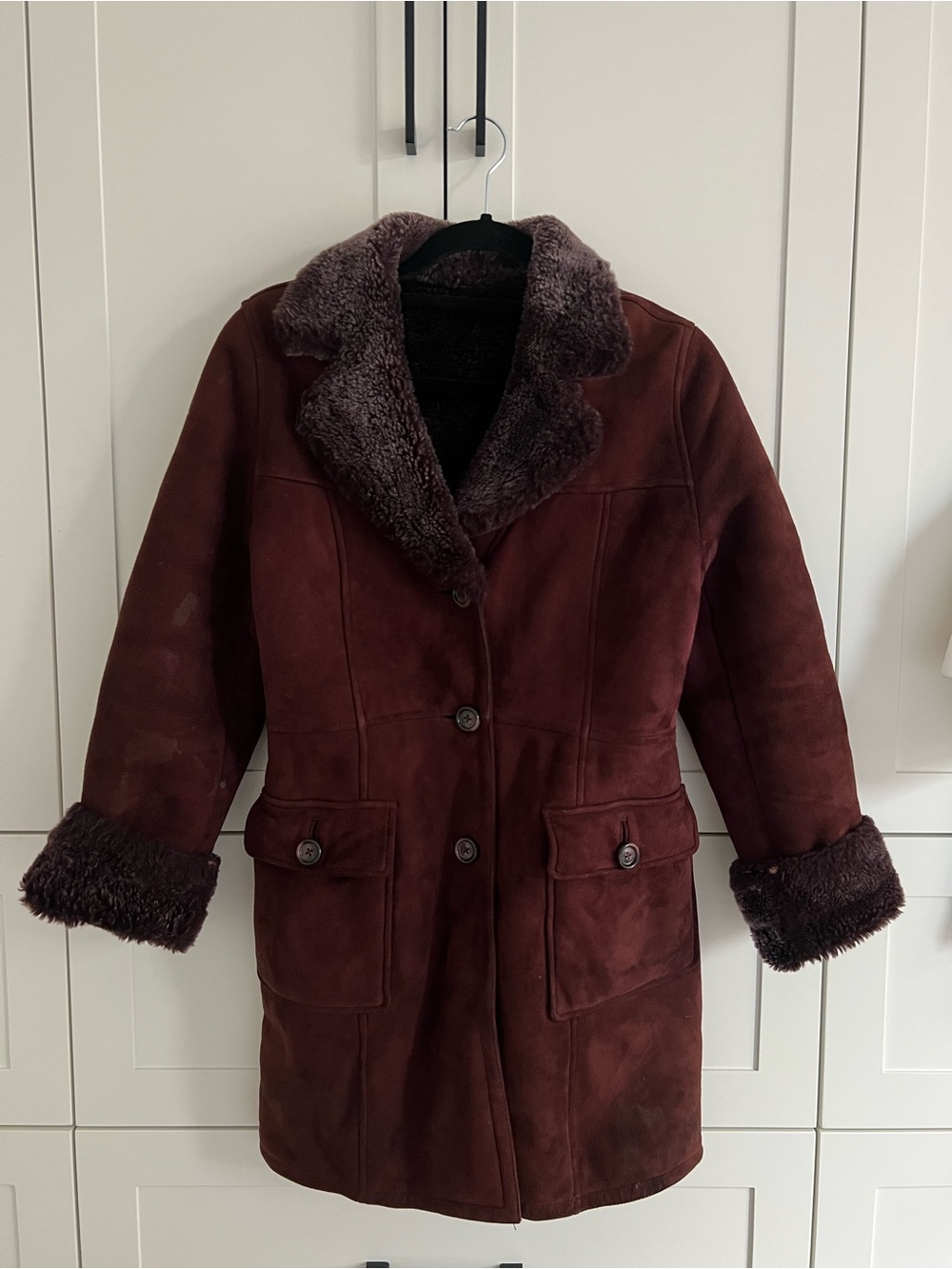 Vintage Maroon Shearling Coat with Fur Trim